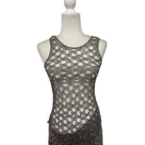 Eileen Fisher Linen Blend Crochet Shell Tank Taupe Medium